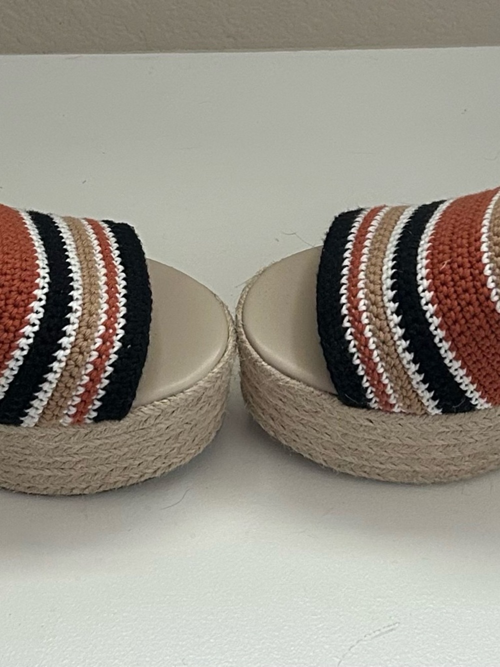 Marc Fisher Striped Crochet Wedge Sandals in Rust, Black, White, Tan